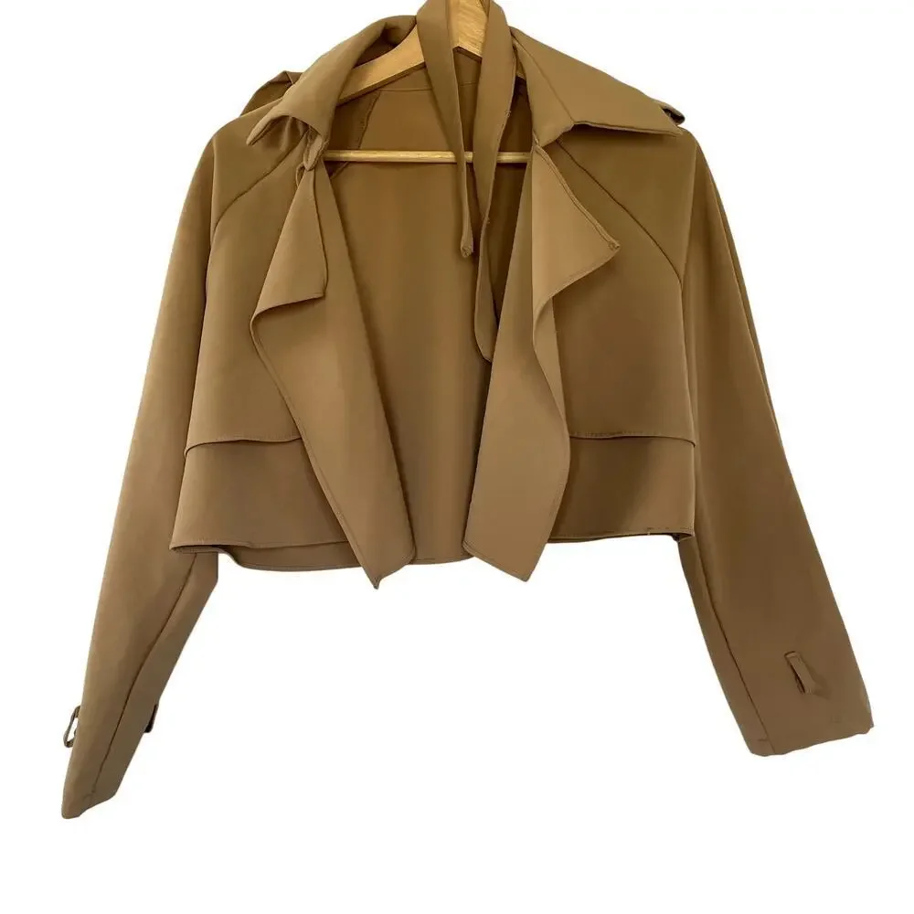 Fountain brown‎ cropped jacket tan flutter detail women's size small lightweight
